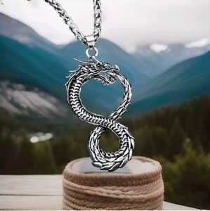 New Large Ouroboros Serpent/Dragon Antique Silver Pendant w/24" Necklace